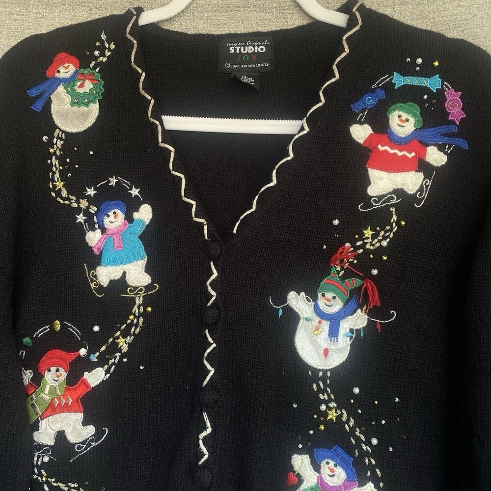 Christmas Sweater Black Cardigan XL Snowman Embroidered Beaded Ramie Cotton Vtg